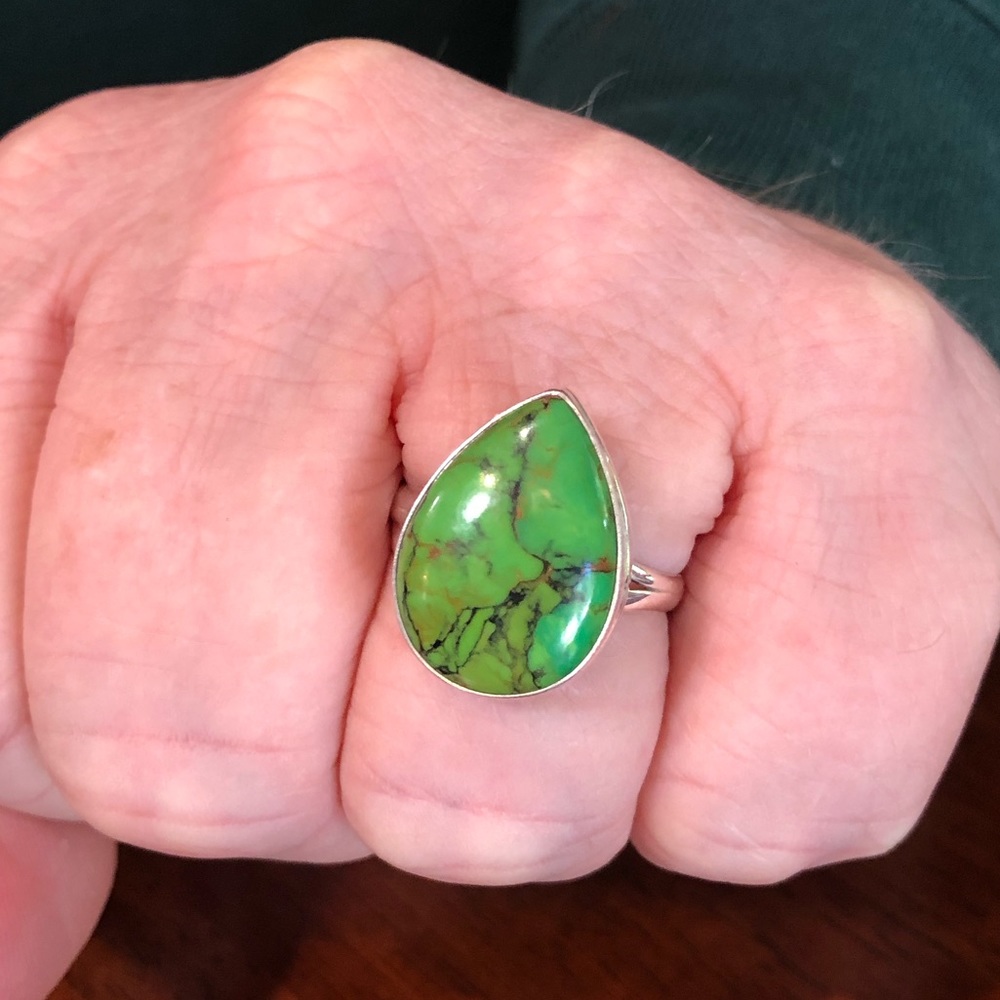 Green Copper Turquoise Ring, 925 Sterling Ring